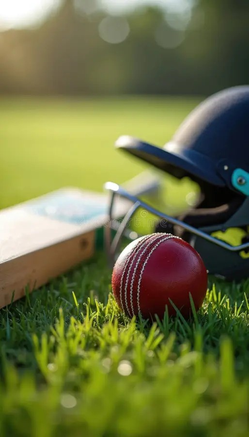 cricket-equipment-green-grass-field-red-ball-helmet-bat-all-ready-match-play-sport-recreation-activity-nobody-sunny-outdoor-385630567